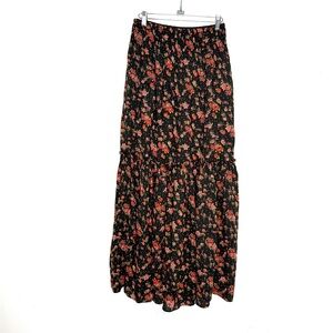 Free People Black Floral Maxi Skirt XS | Boho Tiered Elastic Waist